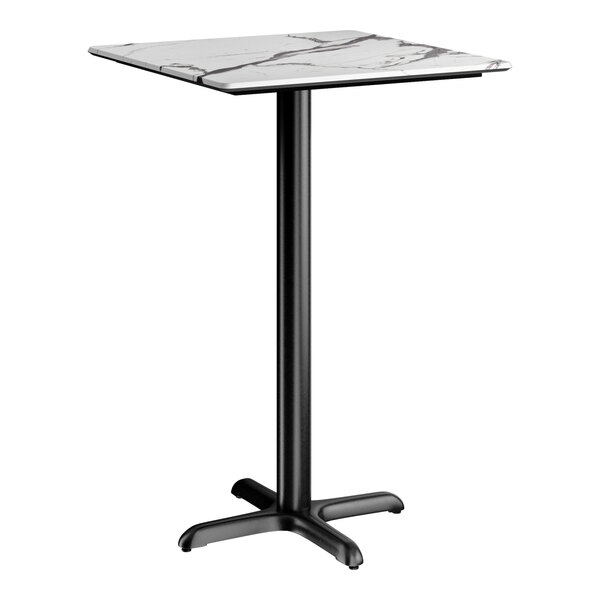 A square bar height table with a smooth white and gray marbled top and a black cross base plate.