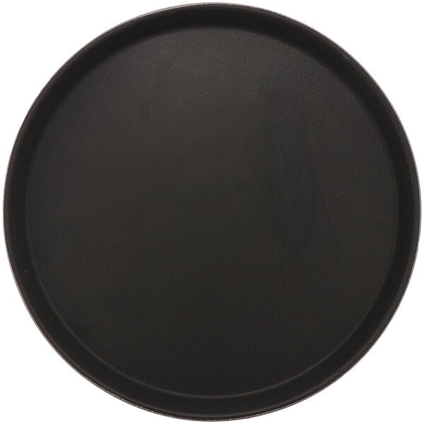 A black round polypropylene non-skid serving tray.