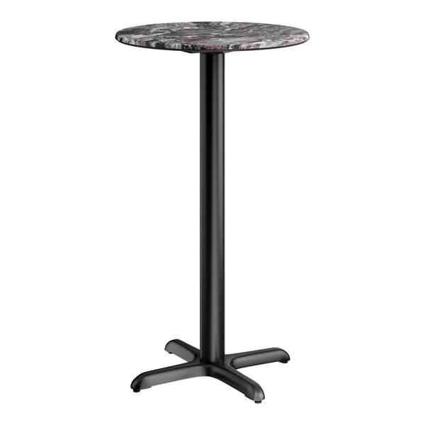 A round bar height table with a smooth dark finish and a black cross base plate.