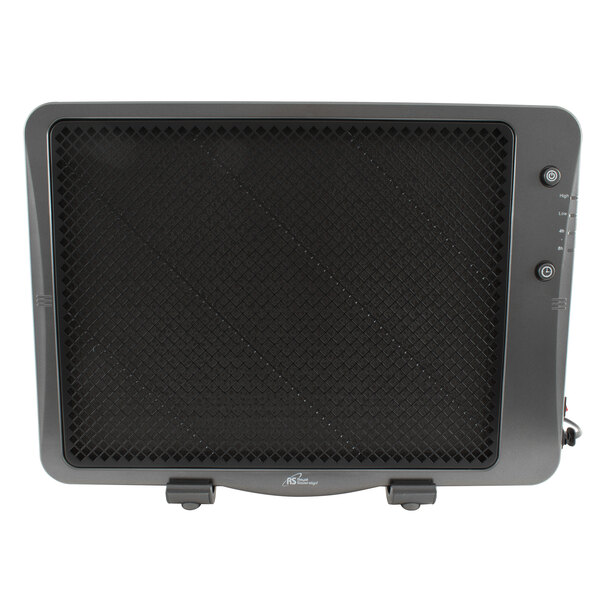 A black rectangular Royal Sovereign infrared panel heater with a white grid.
