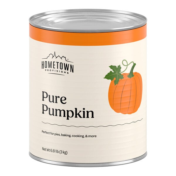 A large can with an orange and cream label featuring an illustration of a pumpkin and the text 'Pure Pumpkin.'
