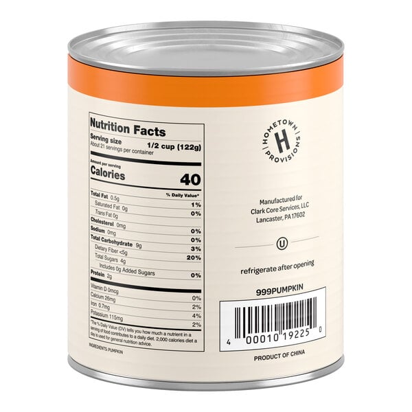 A can with an orange top band, displaying nutrition facts, a barcode, and product information on a cream-colored label.