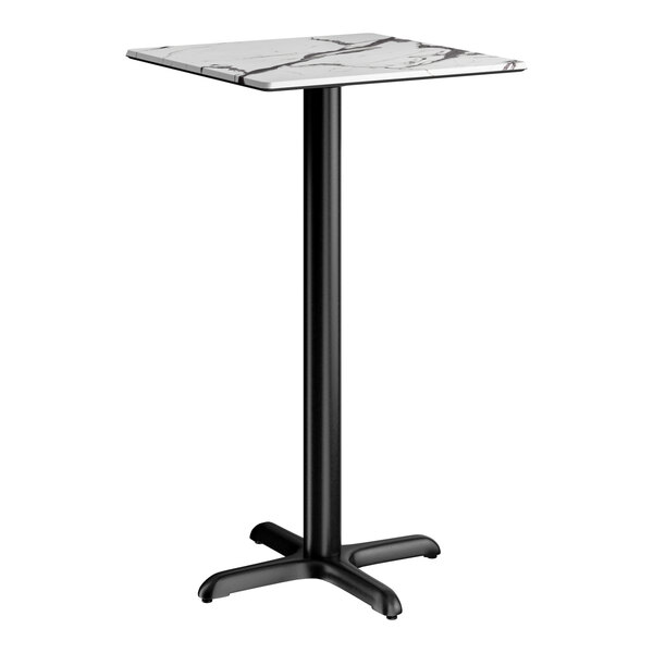 A square bar height table with a smooth Versilla finish top and a black cross base plate.