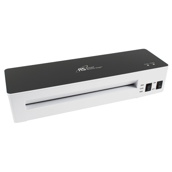 A white and black rectangular Royal Sovereign pouch laminator with buttons on top.