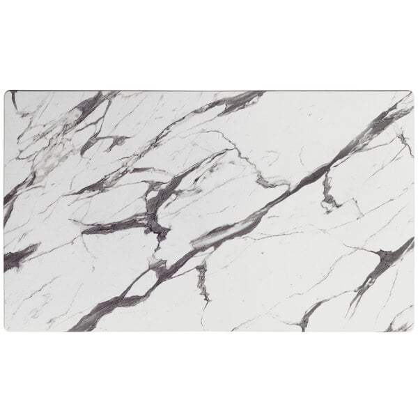 A white and black marble rectangular counter height table top with a smooth finish.