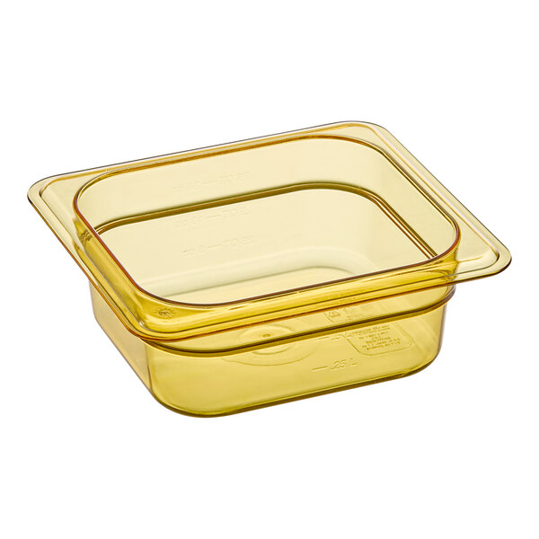 A yellow Carlisle StorPlus plastic food pan with a lid.
