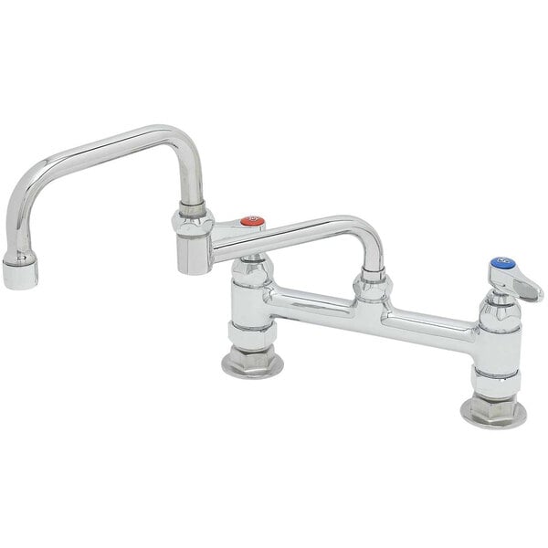 A T&S chrome deck-mounted faucet with double jointed swing nozzle and lever handles.