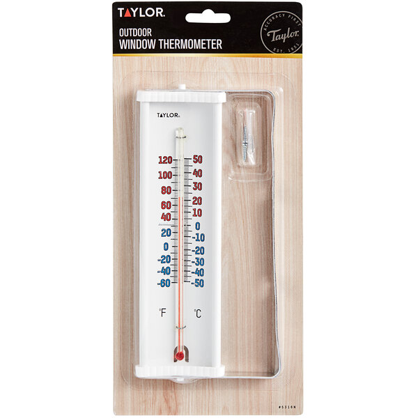 A Taylor 5316N outdoor window thermometer in a package.