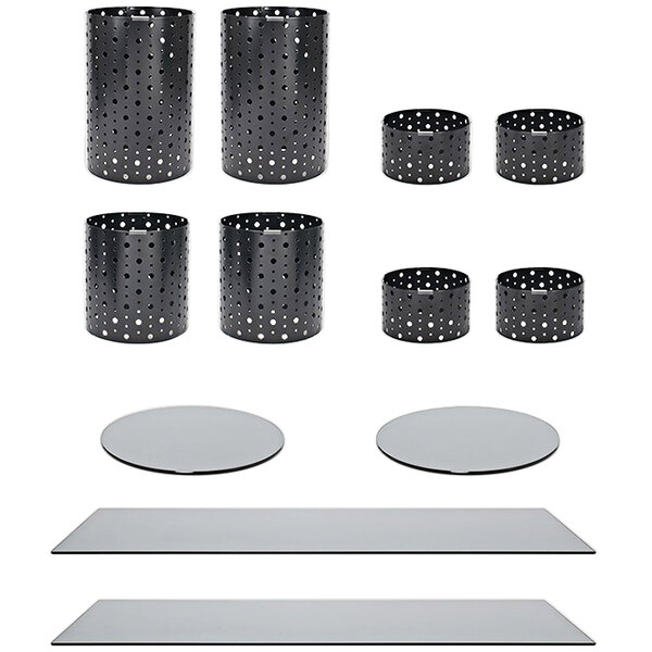 A black metal container with white dots on the side.