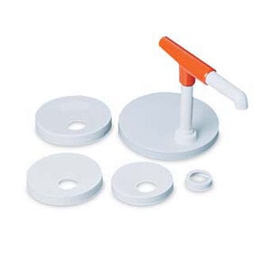 A white and orange plastic San Jamar Pelican Pump with a handle.