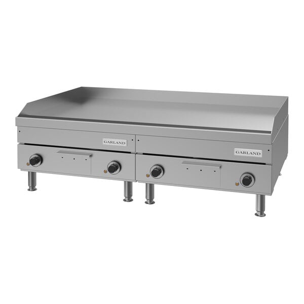 A 48-inch heavy-duty electric countertop griddle with multiple control knobs and a stainless steel finish.