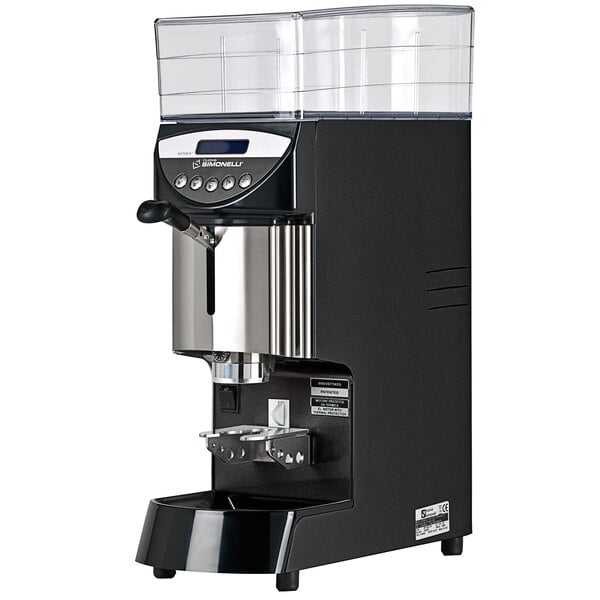 A black and silver Nuova Simonelli Mythos Plus espresso grinder.