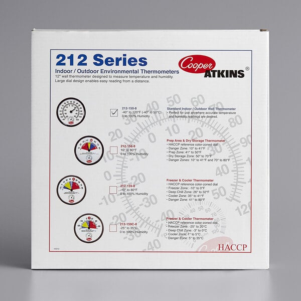 A white box with a Cooper-Atkins wall thermometer and hygrometer.