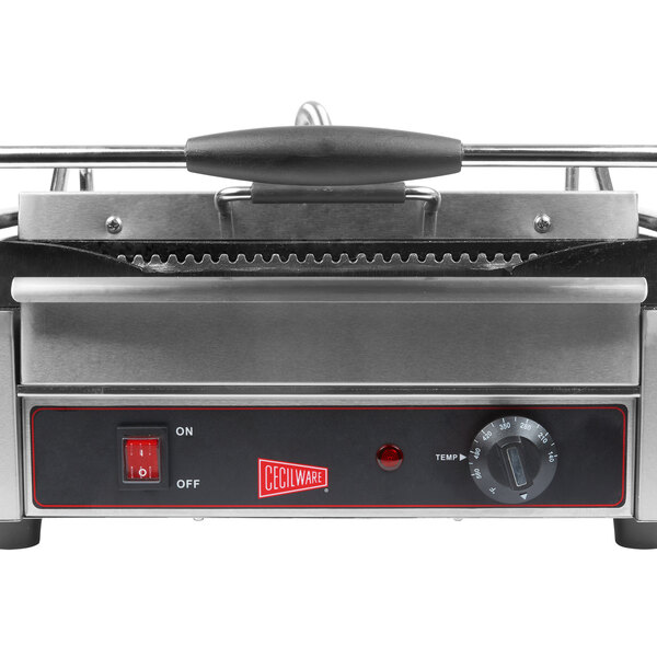 A Cecilware Single Panini Grill on a countertop with a red handle.