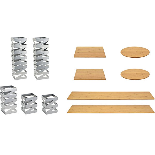 A Front of the House stainless steel rectangular riser set with natural bamboo boards displayed on a table.