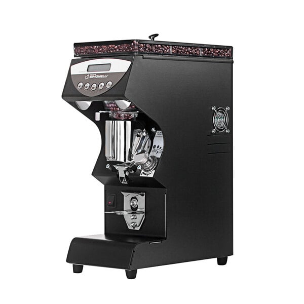 A black and silver Nuova Simonelli Mythos Clima Pro espresso grinder.