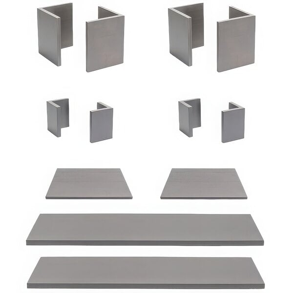 Front of the House Smoke Bamboo L-Shape Riser Set with Smoke Bamboo Buffet Boards on a white rectangular surface.