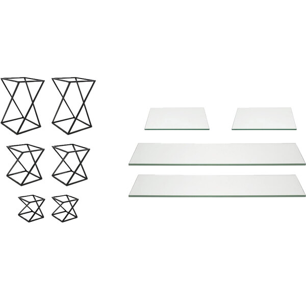 A black geometric stainless steel riser set with glass shelves.