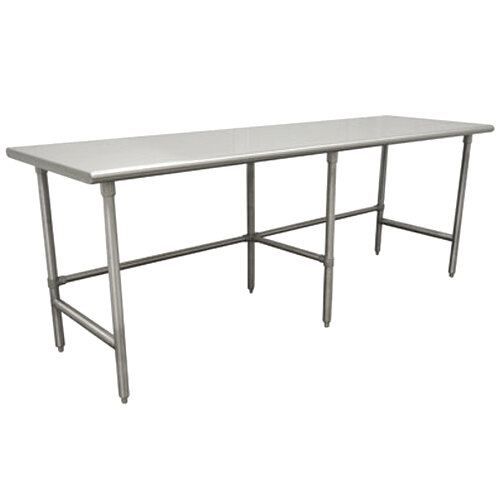 An Advance Tabco stainless steel work table with an open base and legs.