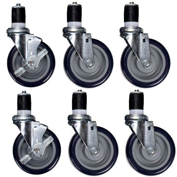 a group of casters with rubber wheels