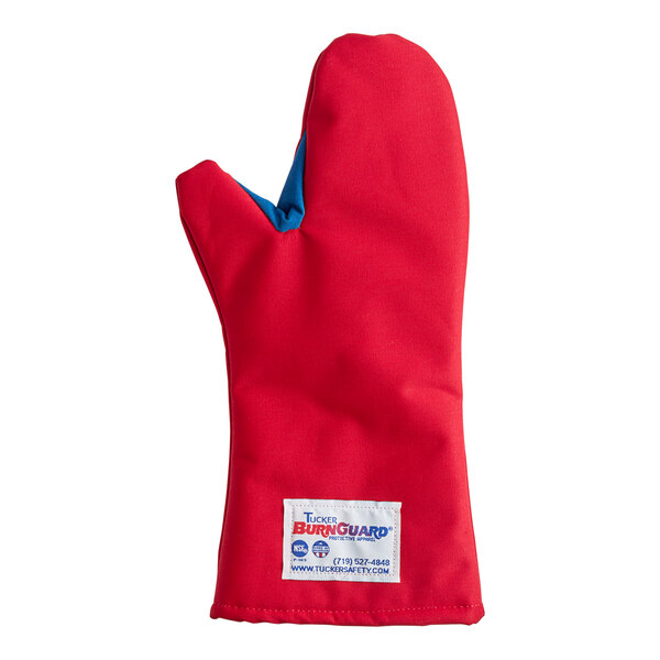 A red oven mitt with blue trim.