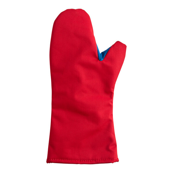 A red Tucker Safety oven mitt with blue stitching on a white background.