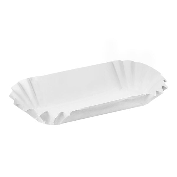A white paper fluted hot dog tray with a folded edge.