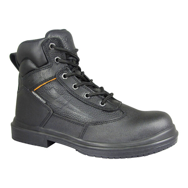 A black Genuine Grip men's work boot with laces and an orange sole.
