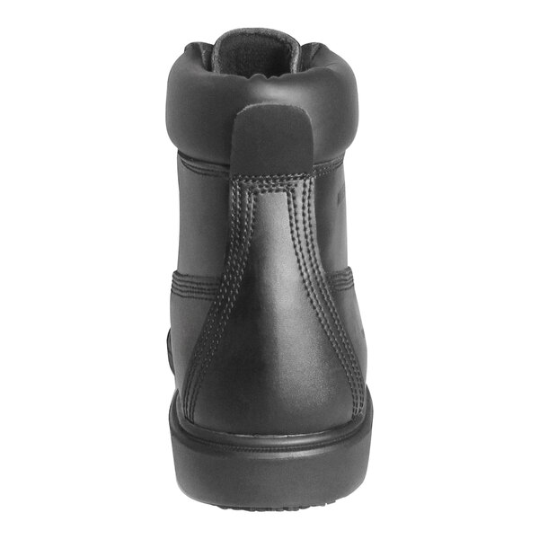 A close-up of a Genuine Grip men's black leather boot with a side zipper.