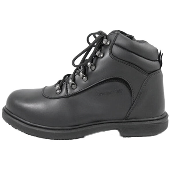 A black leather Genuine Grip steel toe work boot with laces and a rubber sole.
