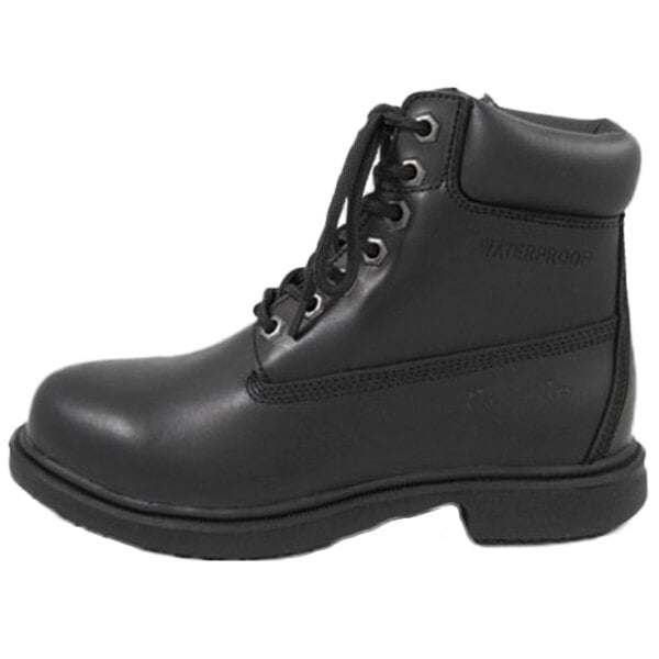 A black Genuine Grip steel toe leather boot with laces.