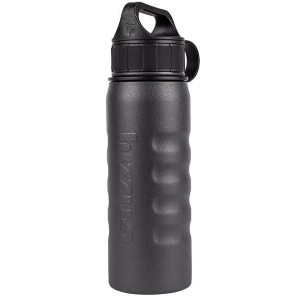 A Grizzly stainless steel water bottle with a textured charcoal grip.