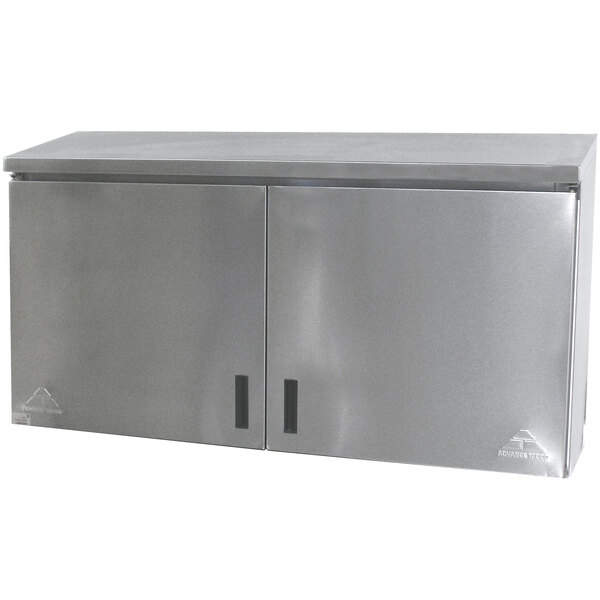 A stainless steel Advance Tabco wall cabinet with two hinged doors.