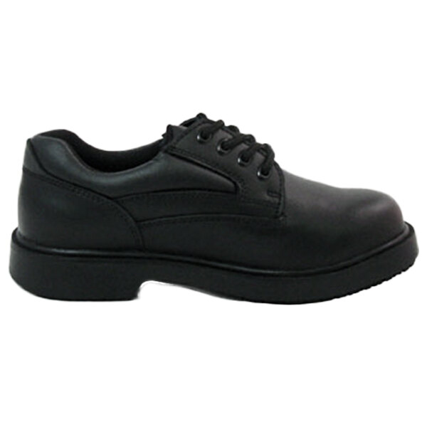 A close up of a black Genuine Grip women's oxford shoe with laces.