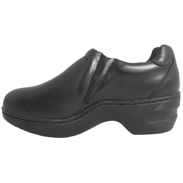 A black full grain leather clog with a black sole.