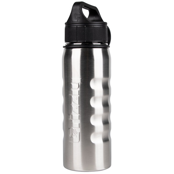 A Grizzly stainless steel water bottle with black grip.