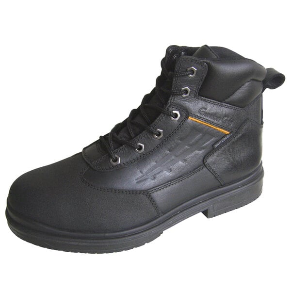 A black Genuine Grip women's work boot with laces, steel toe, and rubber sole.