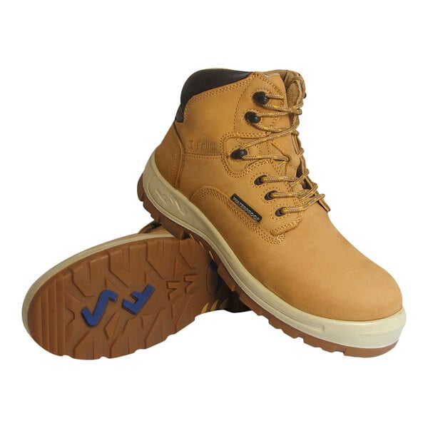 A pair of tan, lace-up work boots with a rugged sole and reinforced toe, featuring a high ankle design and visible stitching.
