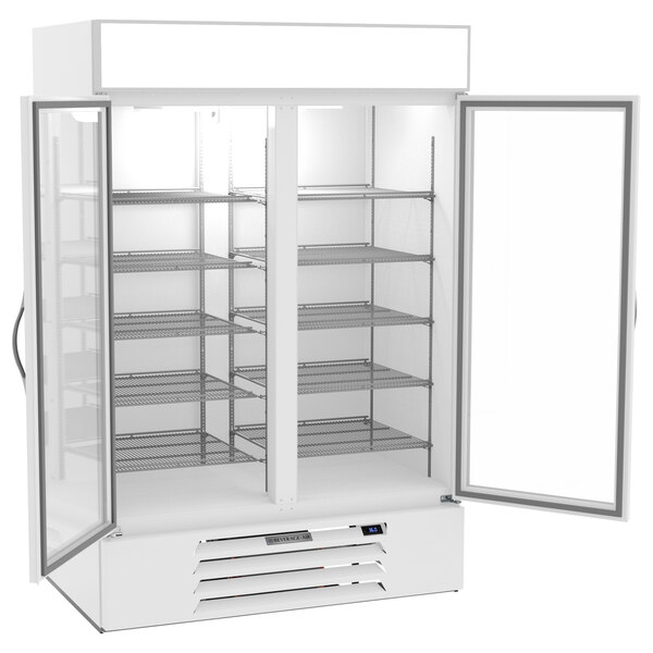 A white Beverage-Air wine refrigerator with open glass doors.