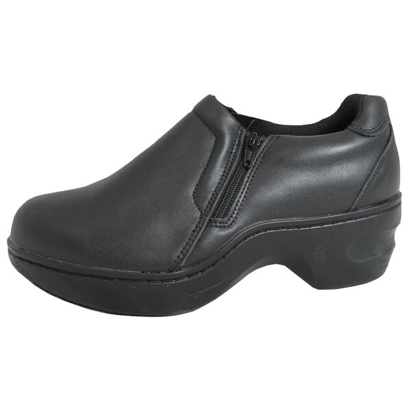 A black Genuine Grip full grain leather clog with a zipper.
