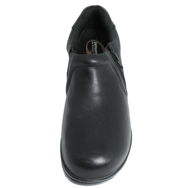 A black Genuine Grip leather clog with a side zipper on a white background.