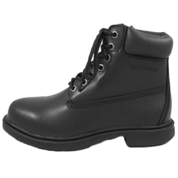 A black leather Genuine Grip boot with laces and a zipper.