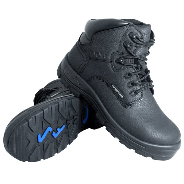 A pair of black lace-up boots with textured leather-like material, rugged non-slip soles, and blue accents on the bottom.