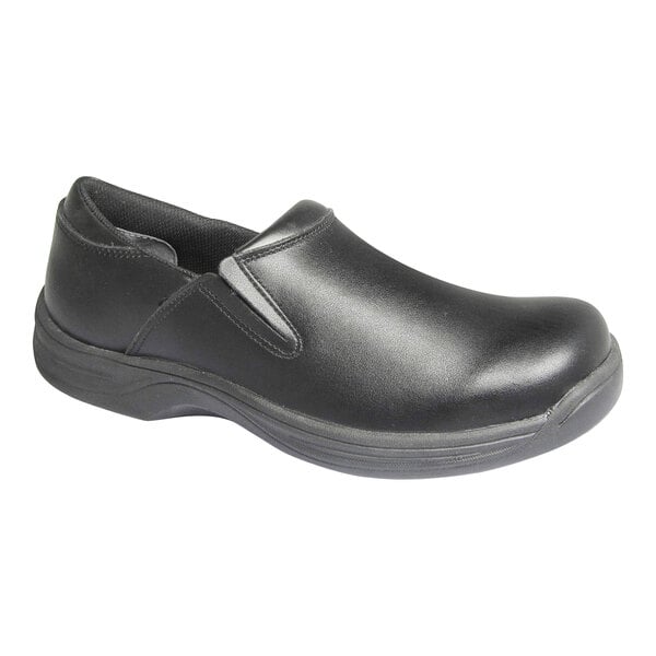 A black slip-on shoe with a smooth finish and a thick, textured sole.