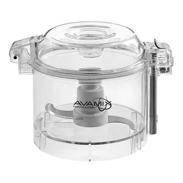A clear plastic AvaMix bowl with a clear plastic lid and a white blade.