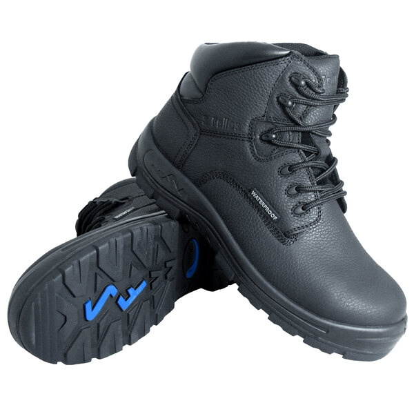 A pair of black, lace-up, ankle-high boots with textured leather-like material and rugged non-slip soles featuring blue accents.