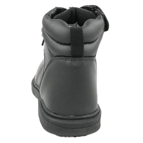 A close-up of a Genuine Grip black leather boot with a zipper.