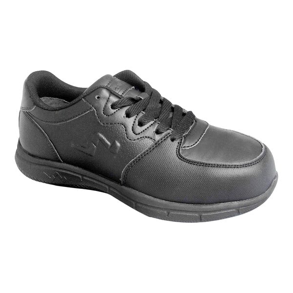 A black athletic shoe with a composite toe and non-slip sole, featuring black laces and a low-cut design.