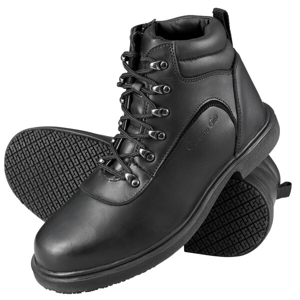 A pair of Genuine Grip black steel toe leather boots.