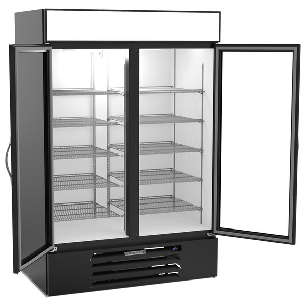 A black Beverage-Air wine refrigerator with two glass doors open.
